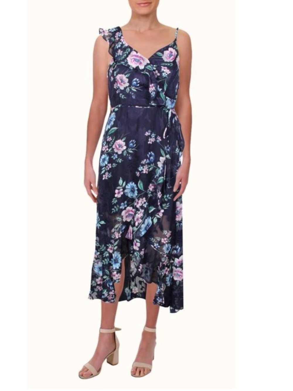 BCX asymmetrical hi-lo blue floral midi dress